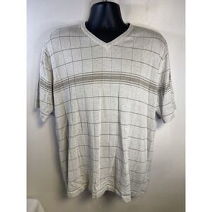 ALFANI Mens Shirt Linen Blend Short Sleeve V-Neck Beige Striped Size XL